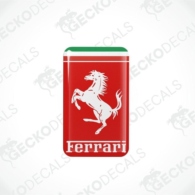 Vinyl stickers with a depiction of a horse and the Ferrari logo on a red background with red and green stripes.