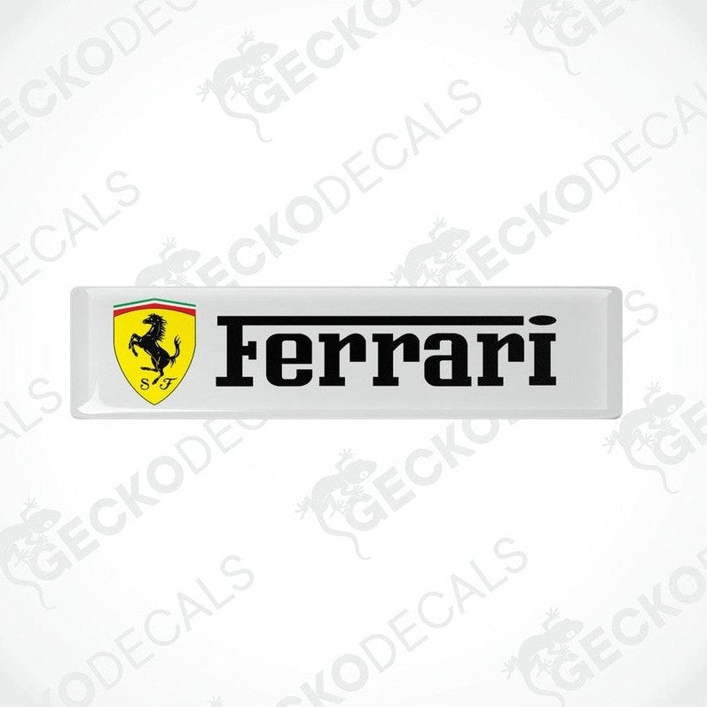  White, yellow, and black Ferrari car decals with the Ferrari logo and name.