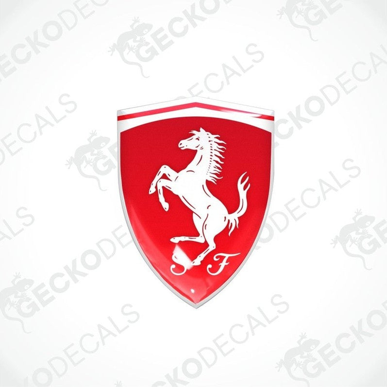 Red vinyl stickers with a white horse logo and the initial 'F' on a shield-shaped background.