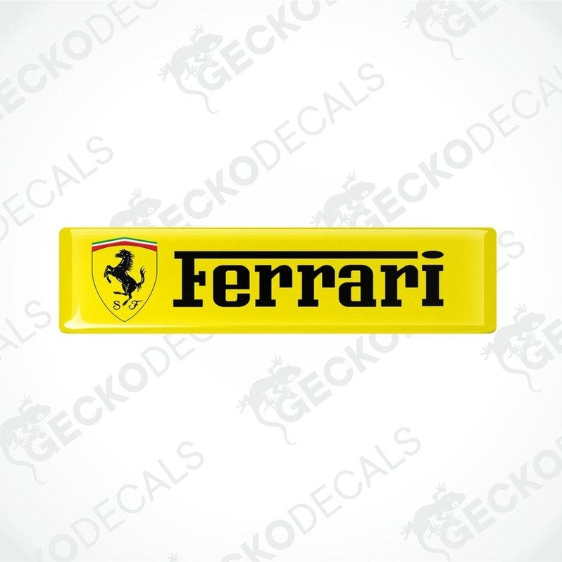 Rectangular yellow vinyl decals with the Ferrari logo and the text 'Ferrari ' on a yellow background.