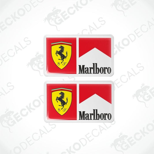 Two vinyl decals for a Ferrari Marlboro vehicle, featuring the car brand's emblem and the Marlboro logo.