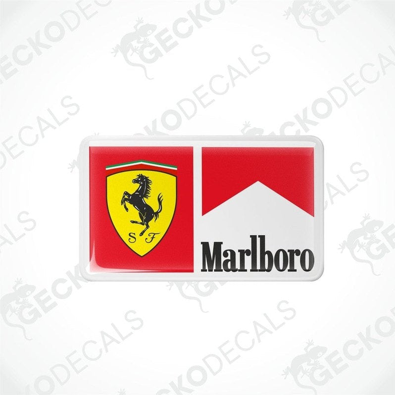 Vinyl decals for a Ferrari Marlboro vehicle, featuring the car brand's emblem and the Marlboro logo.