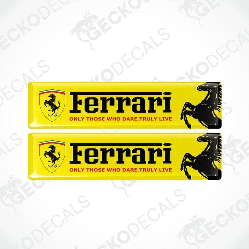 Two yellow decals with red and yellow Ferrari logo and the text 'Ferrari Only those who truly live'.