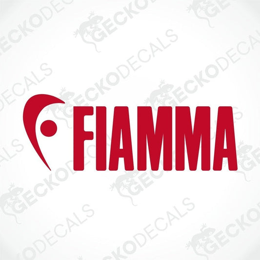 A red and white die cut sticker with the word 'FIAMMA' written in bold letters.