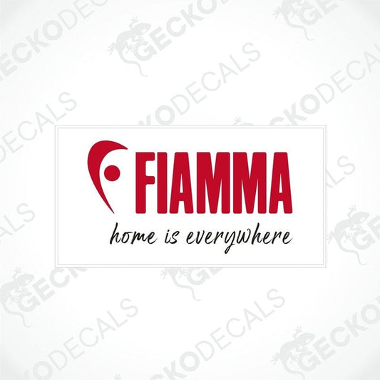 A die cut sticker with the FIAMMA logo and the text 'home is everywhere' printed in red and white.
