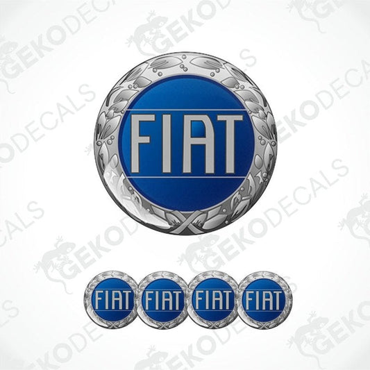 A set of four blue vinyl decals with the Fiat logo, designed for use as car stickers.