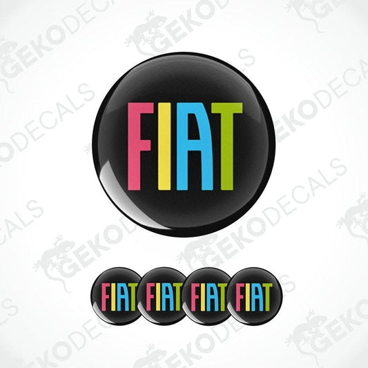 A set of four colorful vinyl stickers that spell out the word 'FIAT'.