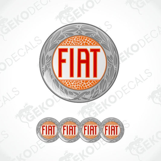 A set of four orange, silver, and red vinyl stickers with the word 'FIAT' in the center, displayed on a white background with a Gecko Decals logo.