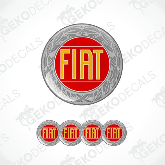 A set of four red, white, and black Fiat car decals with a prominent Fiat logo in the center.
