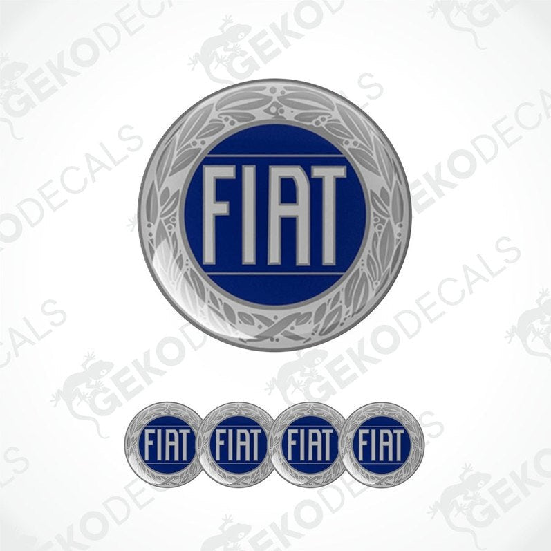 A set of four blue, silver, and white geometric-patterned vinyl stickers with the word 'FIAT' on them.