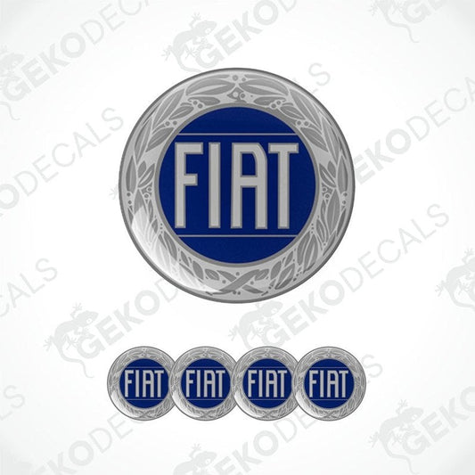 A set of four blue, silver, and white geometric-patterned vinyl stickers with the word 'FIAT' on them.