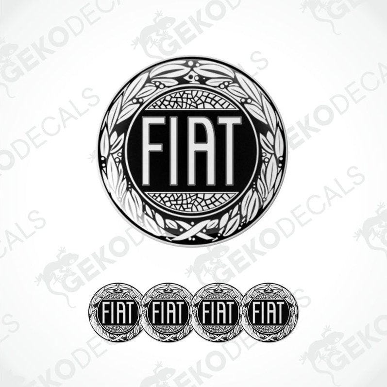A set of black vinyl decals with the Fiat brand logo, including four different sizes for car use.
