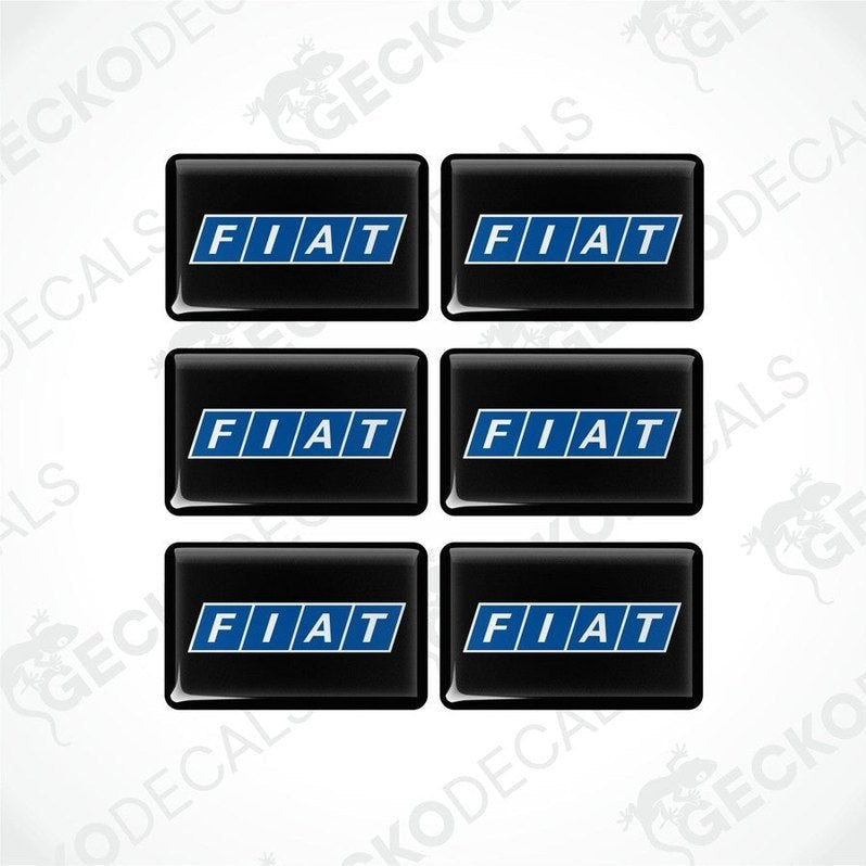 A set of six black and blue vinyl stickers with the word 'FIAT' printed on them.