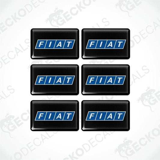 A set of six black and blue vinyl stickers with the word 'FIAT' printed on them.