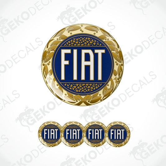 A set of four vinyl decals with polyurethane coating, featuring the Fiat brand logo in blue and gold colors.