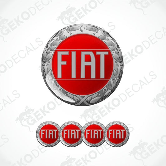 A set of four red and silver vinyl stickers with the word 'FIAT' in the center, surrounded by a decorative border.