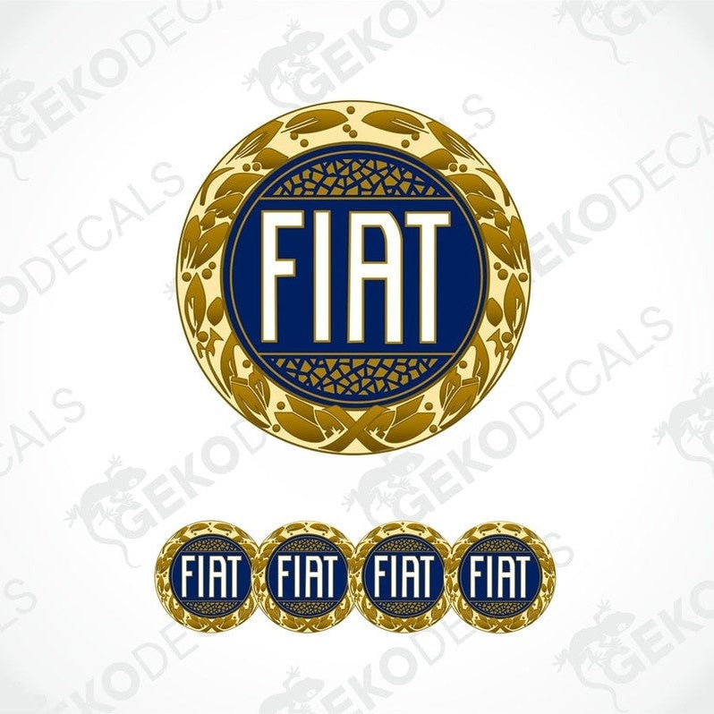 A set of four vinyl decals with polyurethane coating, featuring the Fiat brand logo in blue and gold colors.