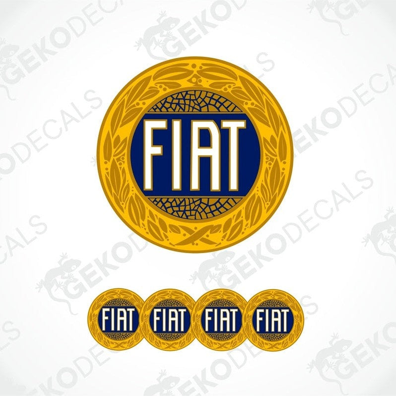 A set of four gold, blue, and white vinyl stickers with the word 'FIAT' in the center, featuring a geometric pattern around the border.