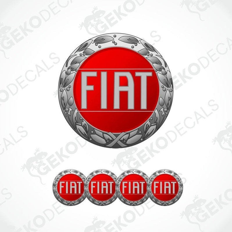 A set of four red and silver vinyl stickers with the word 'FIAT' in the center, surrounded by a decorative border.