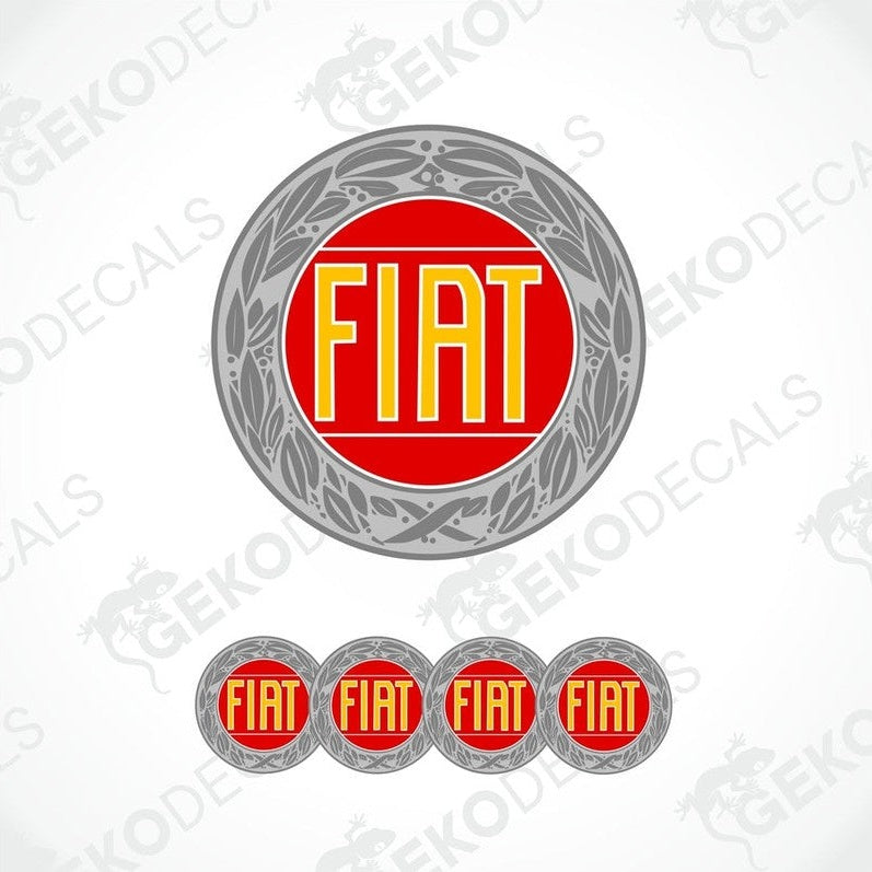 A set of four red, white, and black Fiat car decals with a prominent Fiat logo in the center.