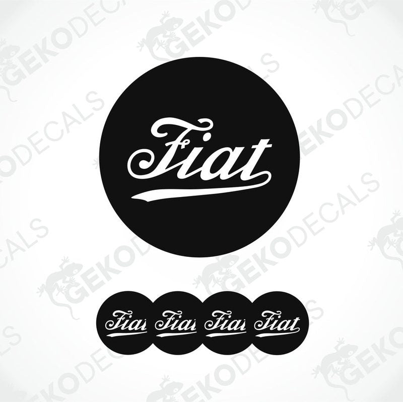 Set of black vinyl decals with the white 'Fiat' logo, including one large round decal and four smaller ones shaped like hubcaps.