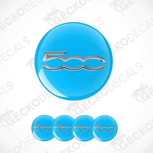 Blue circular decal with a silver wave design on a white background.