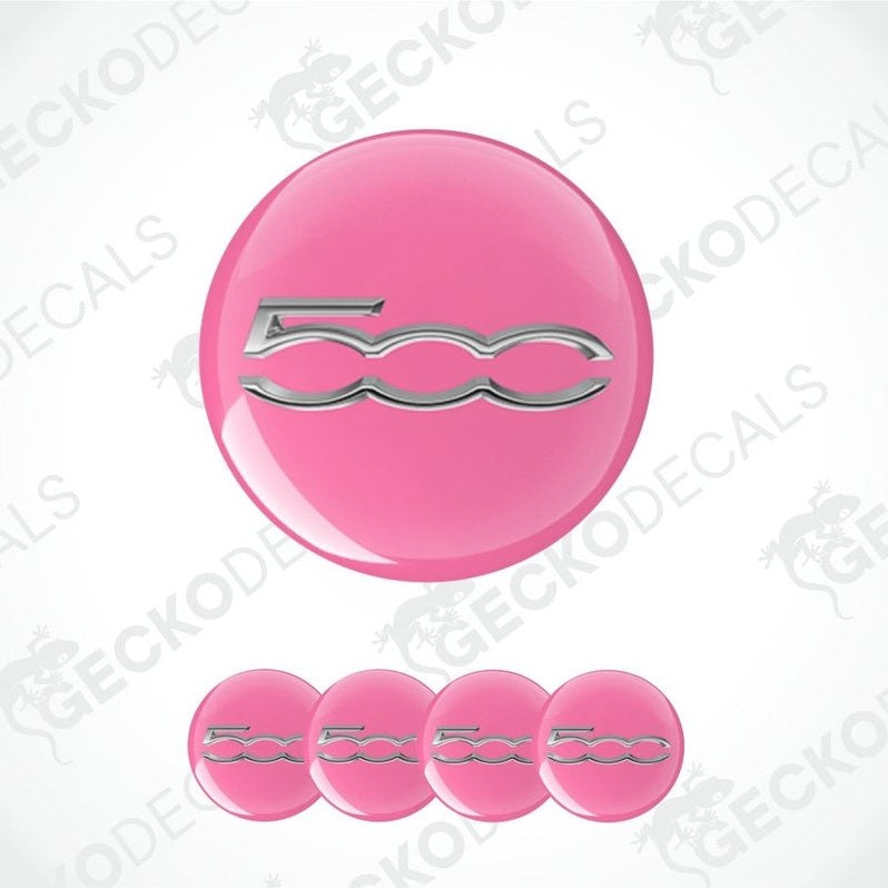Pink Fiat 500 logo decal with silver emblem on a white background