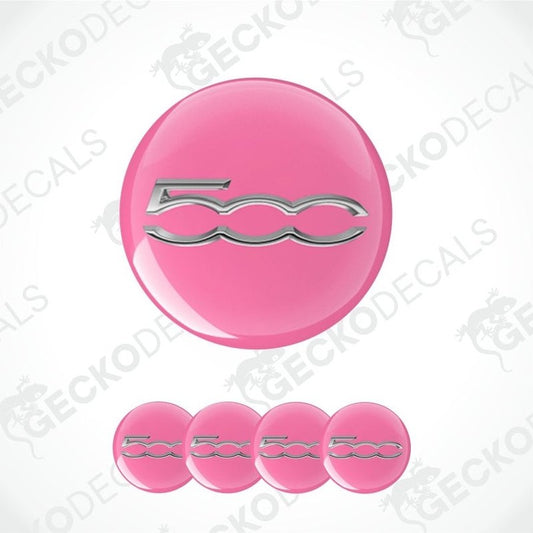 Pink Fiat 500 logo decal with silver emblem on a white background