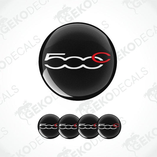 Set of vinyl decals with a Fiat 500 logo and decorative patterns, predominantly black with red accents.