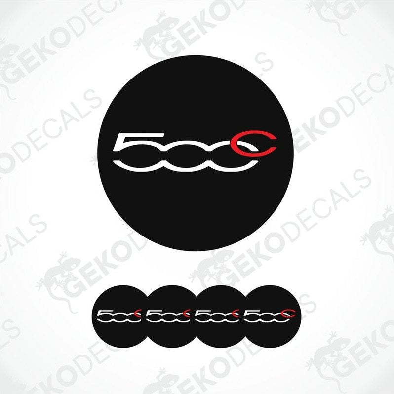 Set of vinyl decals with a Fiat 500 logo and decorative patterns, predominantly black with red accents.