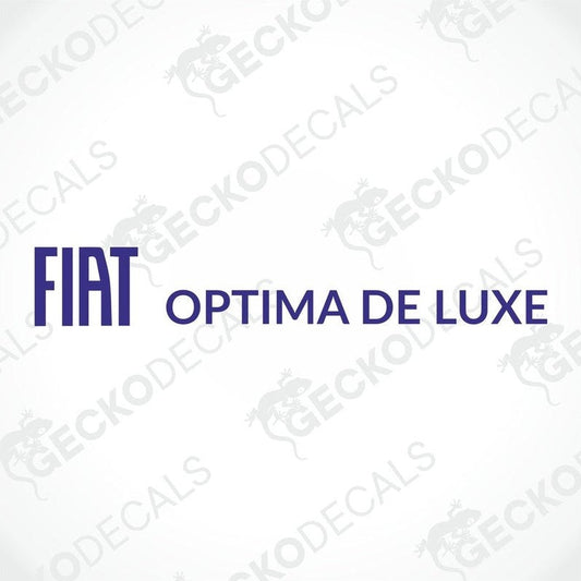 A die cut sticker with the text 'FIAT OPTIMA DE LUXE' and a FIAT logo, delivered on a white background with a Gecko Decals watermark.