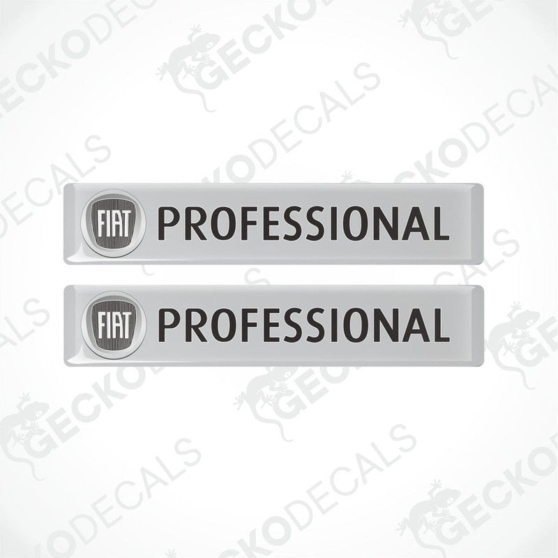 Two rectangular vinyl decals with polyurethane coating, white background with 'FIAT PROFESSIONAL' text in black, intended for vehicle use.