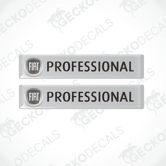Two rectangular vinyl decals with polyurethane coating, white background with 'FIAT PROFESSIONAL' text in black, intended for vehicle use.