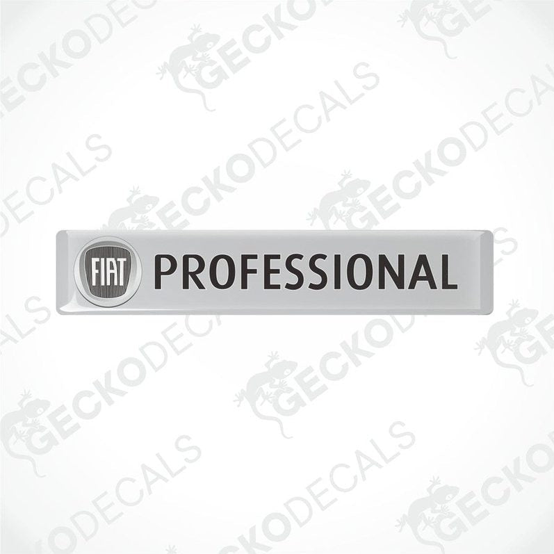 Rectangular vinyl decals with polyurethane coating, white background with 'FIAT PROFESSIONAL' text in black, intended for vehicle use.