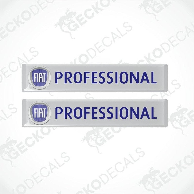 Two rectangular vinyl decals with polyurethane coating, white background with 'FIAT PROFESSIONAL' text in blue, intended for vehicle use.