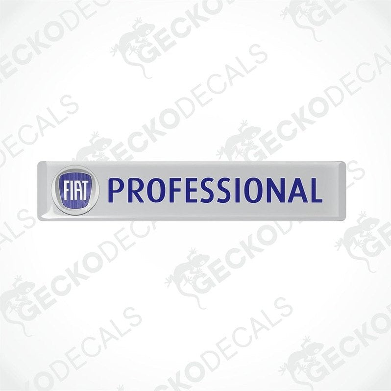Rectangular vinyl decals with polyurethane coating, white background with 'FIAT PROFESSIONAL' text in blue, intended for vehicle use.