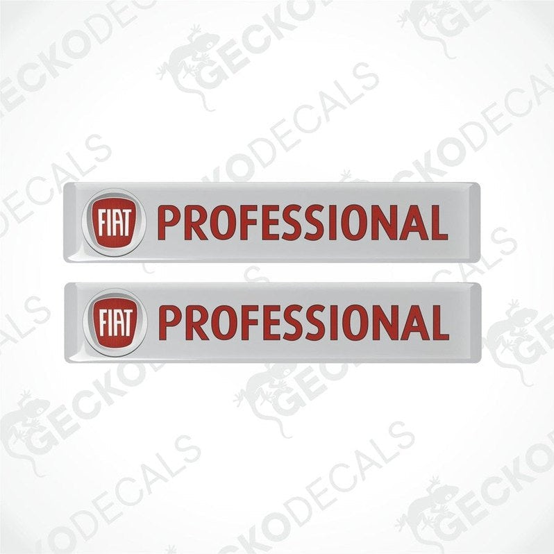 Two rectangular vinyl decals with polyurethane coating, white background with 'FIAT PROFESSIONAL' text in red, intended for vehicle use.