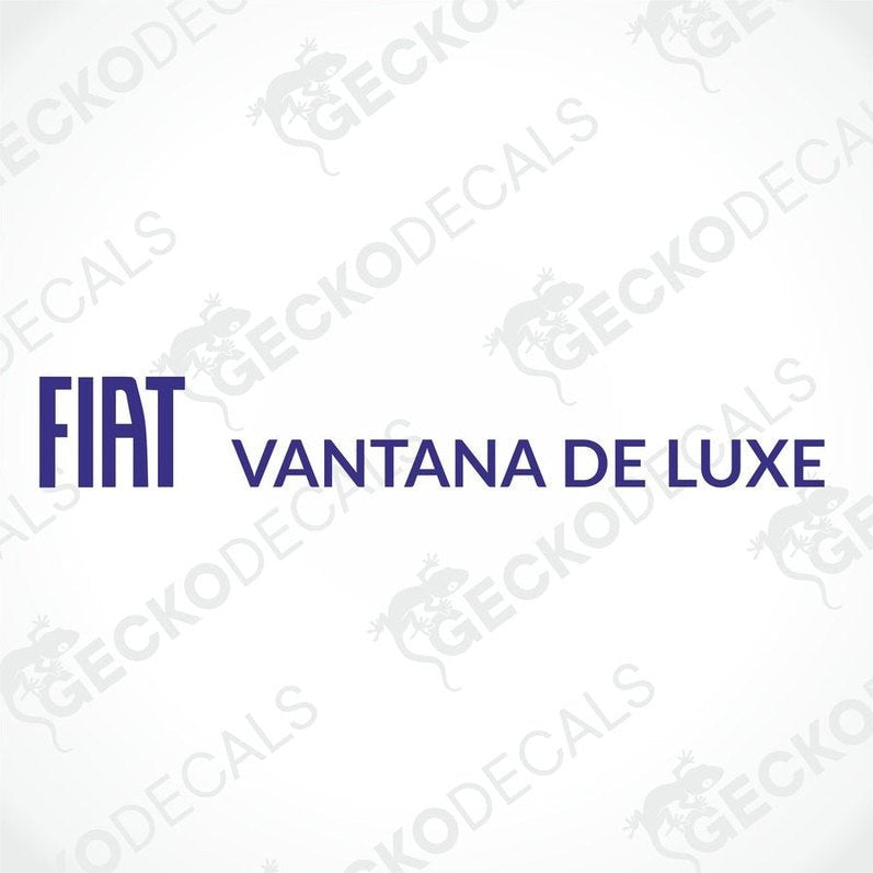 A sticker decal with the text 'FIAT VANTANA DE LUXE' on a white background. The decal has a purple and white color scheme with a graphical element on the 'L' letter.
