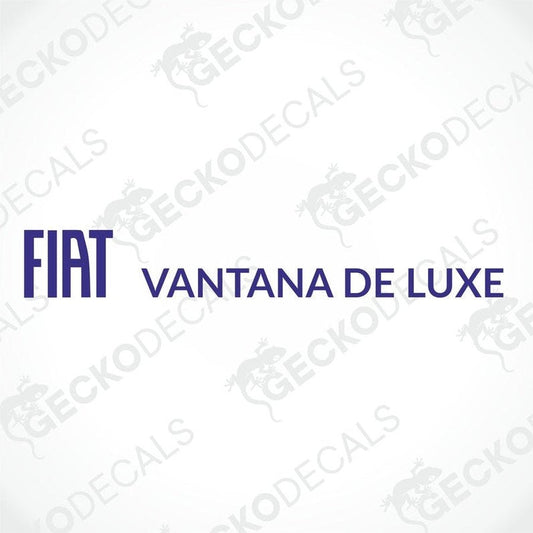 A sticker decal with the text 'FIAT VANTANA DE LUXE' on a white background. The decal has a purple and white color scheme with a graphical element on the 'L' letter.