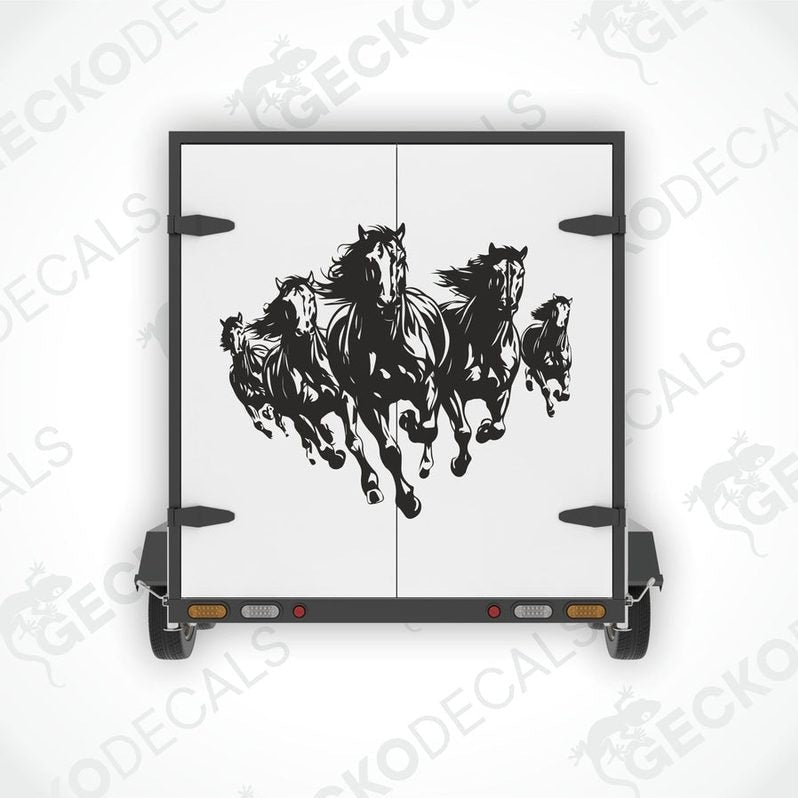 A decal of five black horses running on the side of a white trailer, with the text 'GECKODECALS.COM' and 'RIGHTLEFT' options visible.