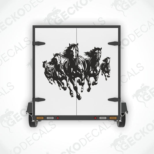 A decal of five black horses running on the side of a white trailer, with the text 'GECKODECALS.COM' and 'RIGHTLEFT' options visible.
