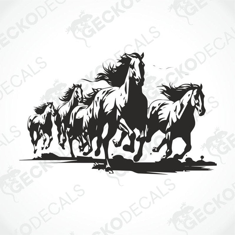 A decal of five running horses on a white background.