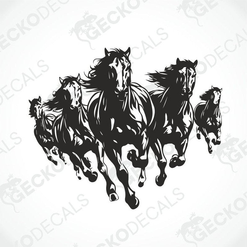 A decal of five black horses running on the side of a white trailer, with the text 'GECKODECALS.COM' and 'RIGHTLEFT' options visible.