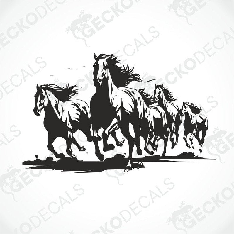 A decal of five running horses on a white background.