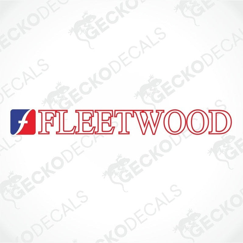 A sticker with the text 'FLEETWOOD' in red and white colors on a white background. The sticker has a bold, capital letter 'F', a bold, capital letter 'L', a bold, capital letter 'E', and a period at the end.