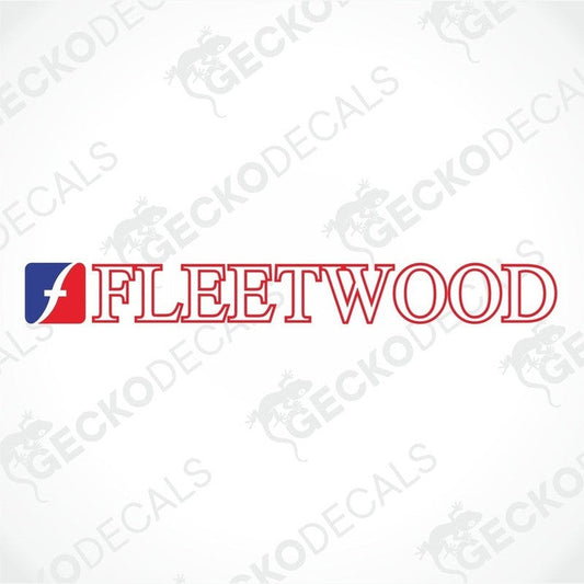A sticker with the text 'FLEETWOOD' in red and white colors on a white background. The sticker has a bold, capital letter 'F', a bold, capital letter 'L', a bold, capital letter 'E', and a period at the end.