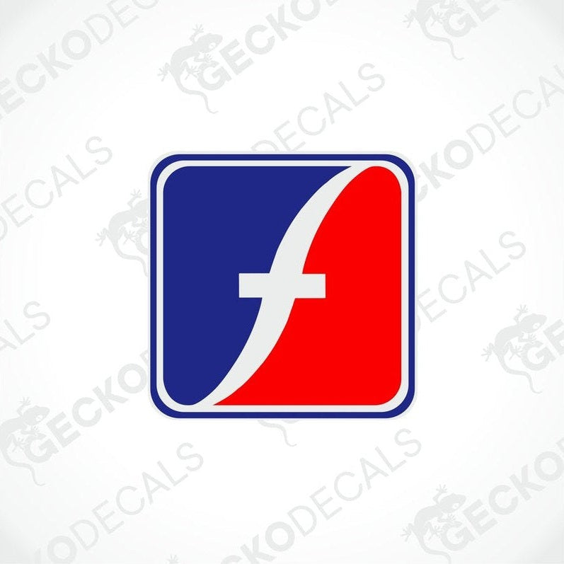 A sticker with the Fleetwood brand logo, featuring a red and blue design with a white 'F' in the center, on a white background.