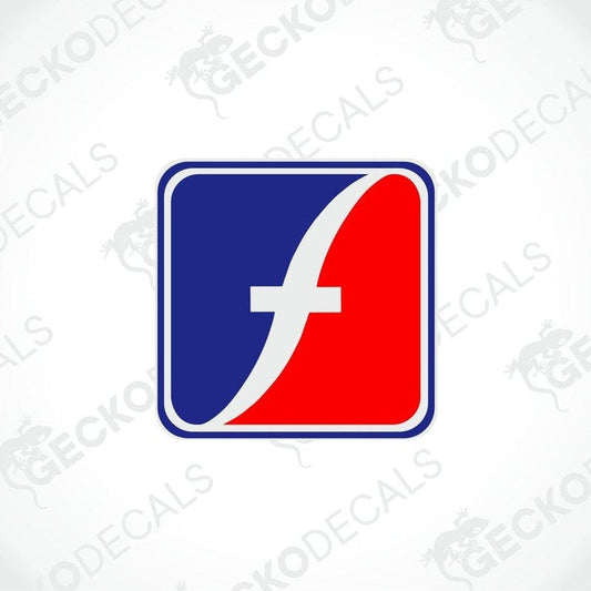 A sticker with the Fleetwood brand logo, featuring a red and blue design with a white 'F' in the center, on a white background.