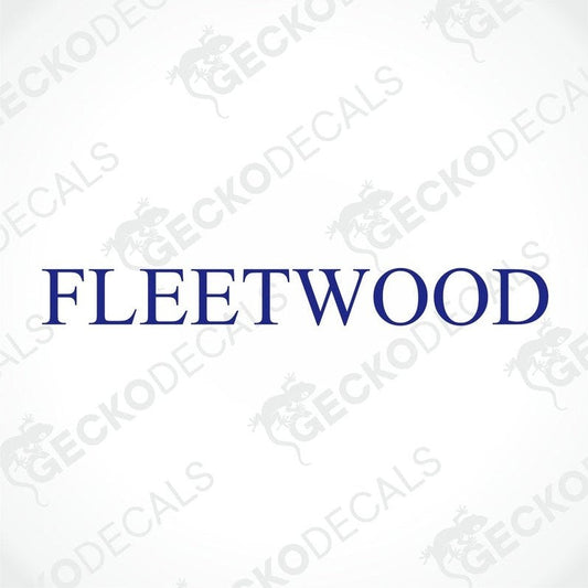 A die cut sticker with the text 'FLEETWOOD' on a white background, intended for use on vehicles such as caravans.