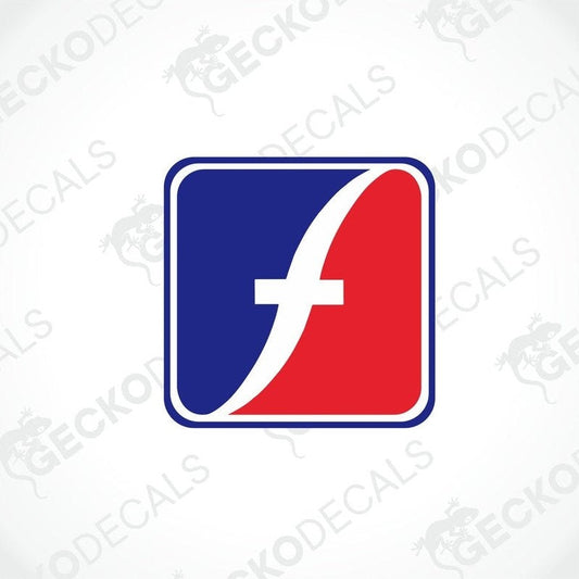 A sticker with the Fleetwood brand logo, featuring a red and blue design with a white 'F' in the center, on a white background.